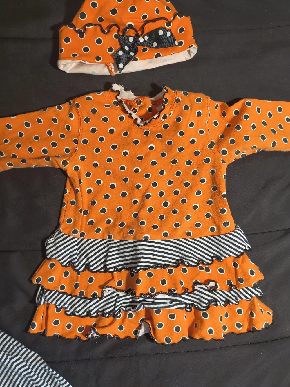 Girls Orange Polka Dot Ruffle Halloween Matching Set with Striped Leggings